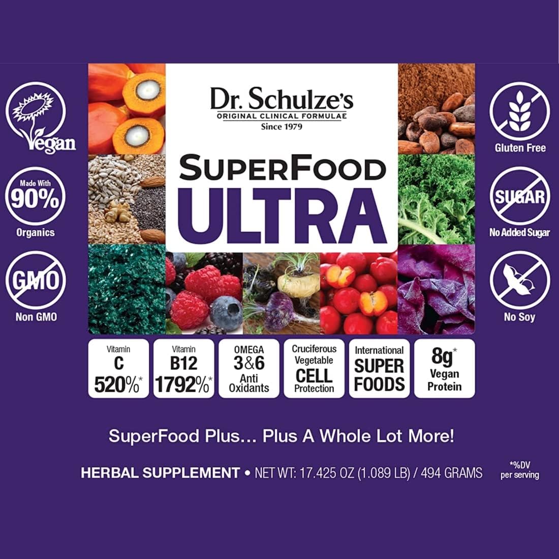 Organic SuperFood Ultra Powder with Vitamin B Complex and 520% Vitamin C | Boost Energy & Fitness | Vegan, Non-GMO, Gluten-Free | 17.4 Oz