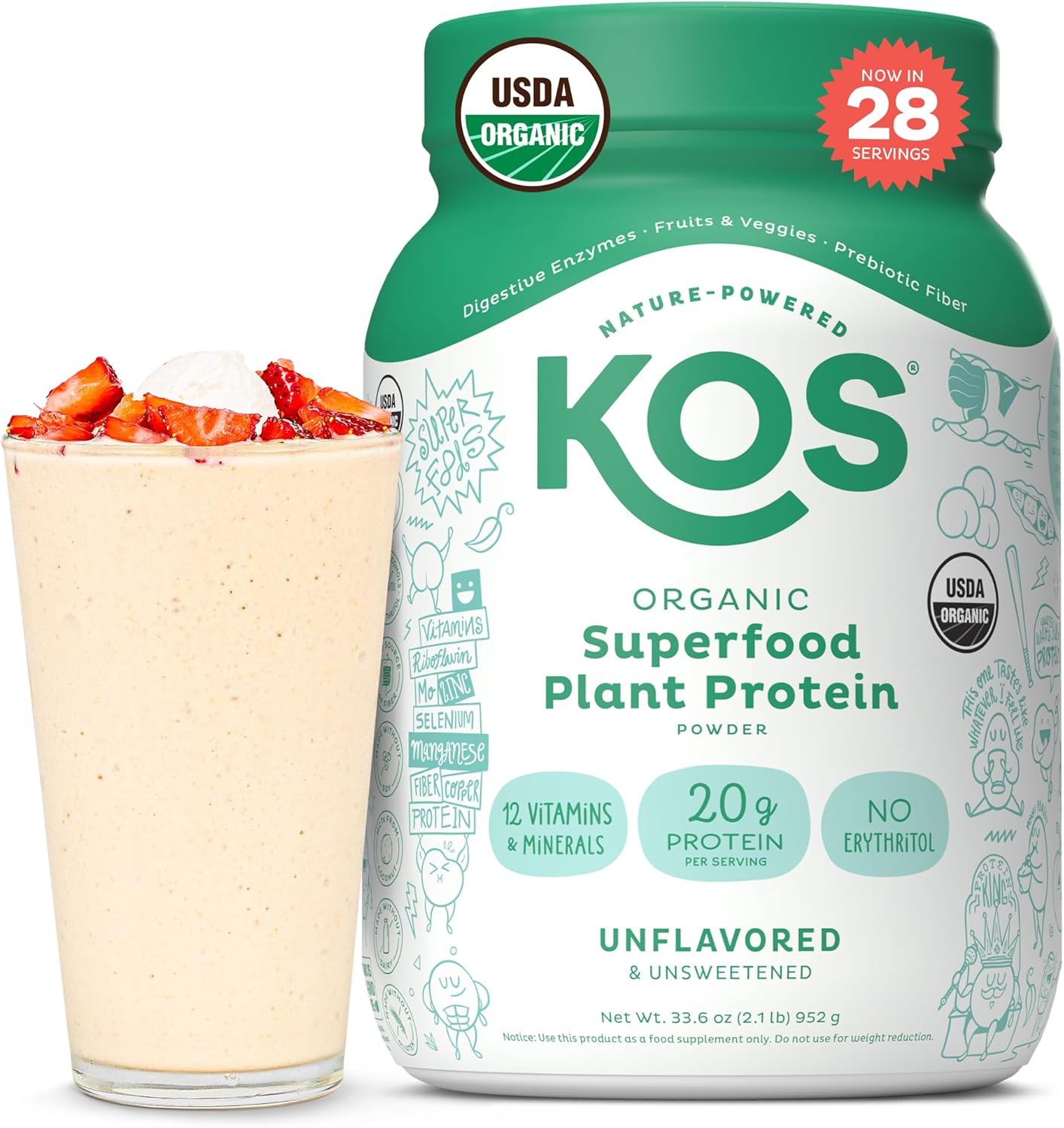 Organic Superfood Vegan Protein Powder - Unflavored, Low Carb Pea Protein Blend - Rich in Vitamins & Minerals - Keto, Soy, Dairy Free - Meal Replacement - 28 Servings