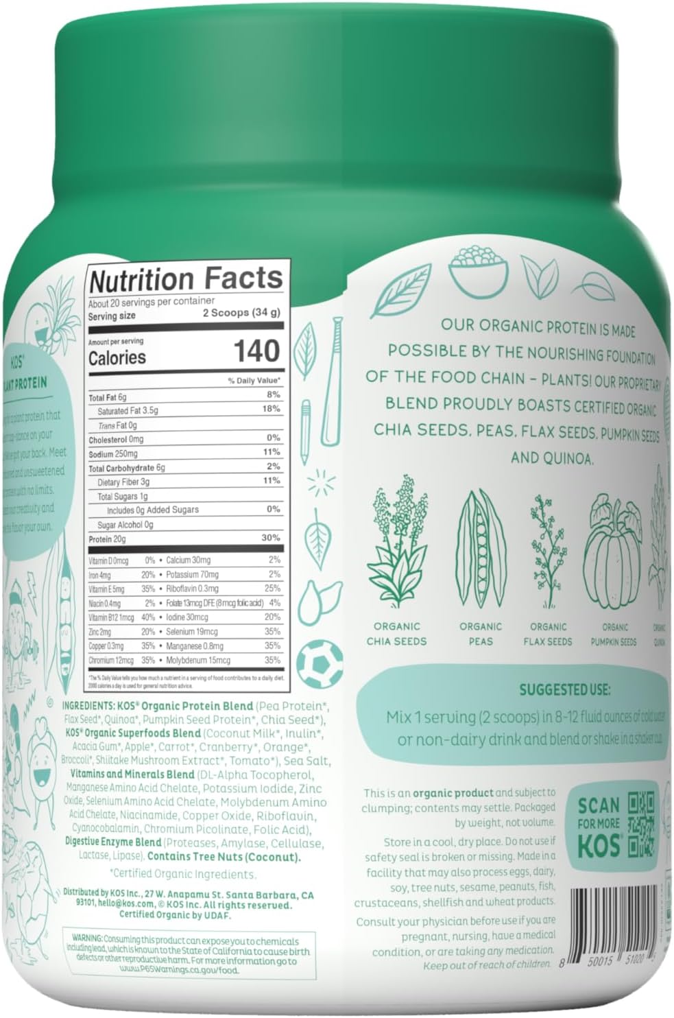 Organic Superfood Vegan Protein Powder, Low Carb Pea Blend - Unflavored & Unsweetened, Keto & Dairy Free - Meal Replacement Rich in Vitamins & Minerals for Men & Women - 20 Servings