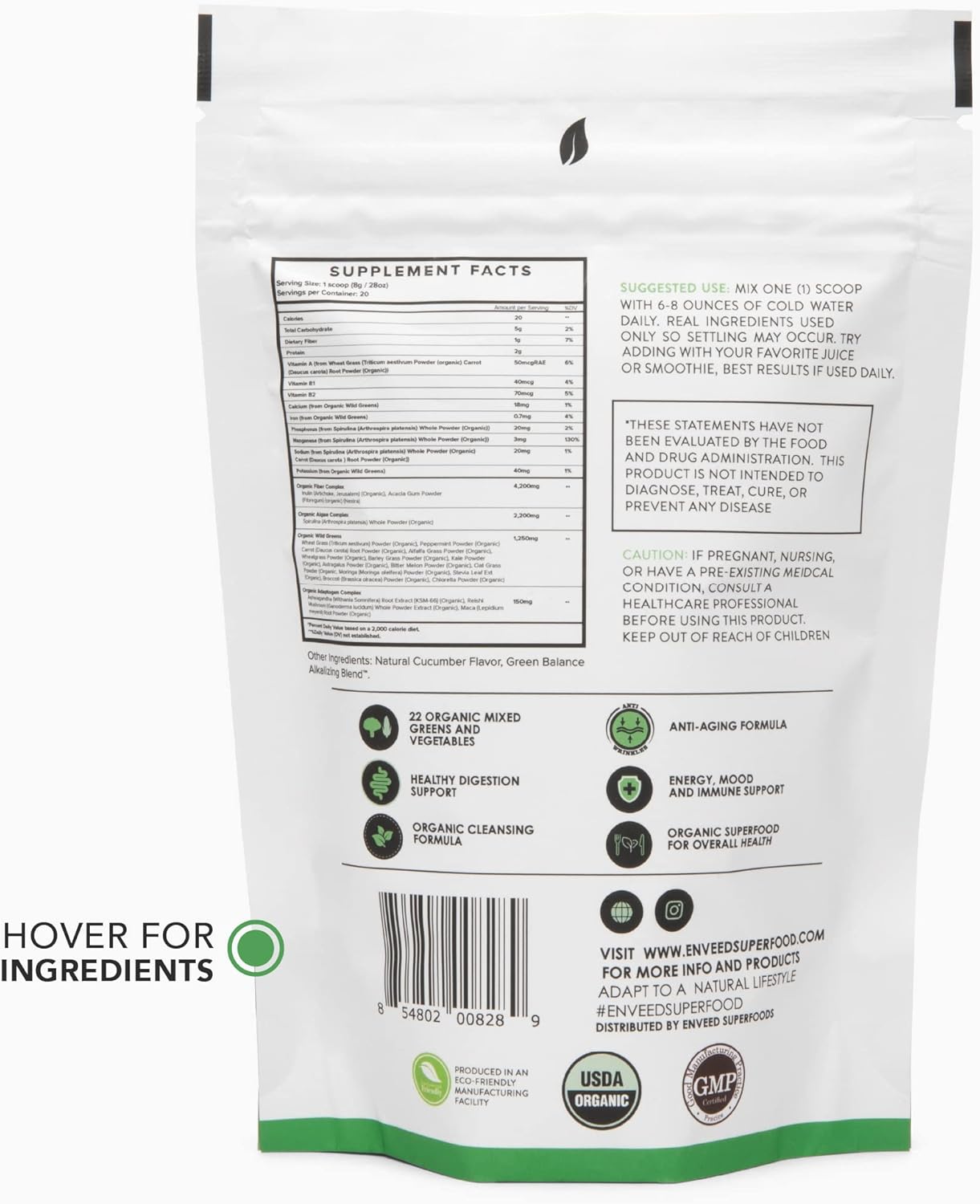 Organic Superfood Wild Greens Powder with Spirulina, Chlorella, Ashwagandha, Maca Root & Reishi Mushroom - Adaptogen Boost - 20 Servings