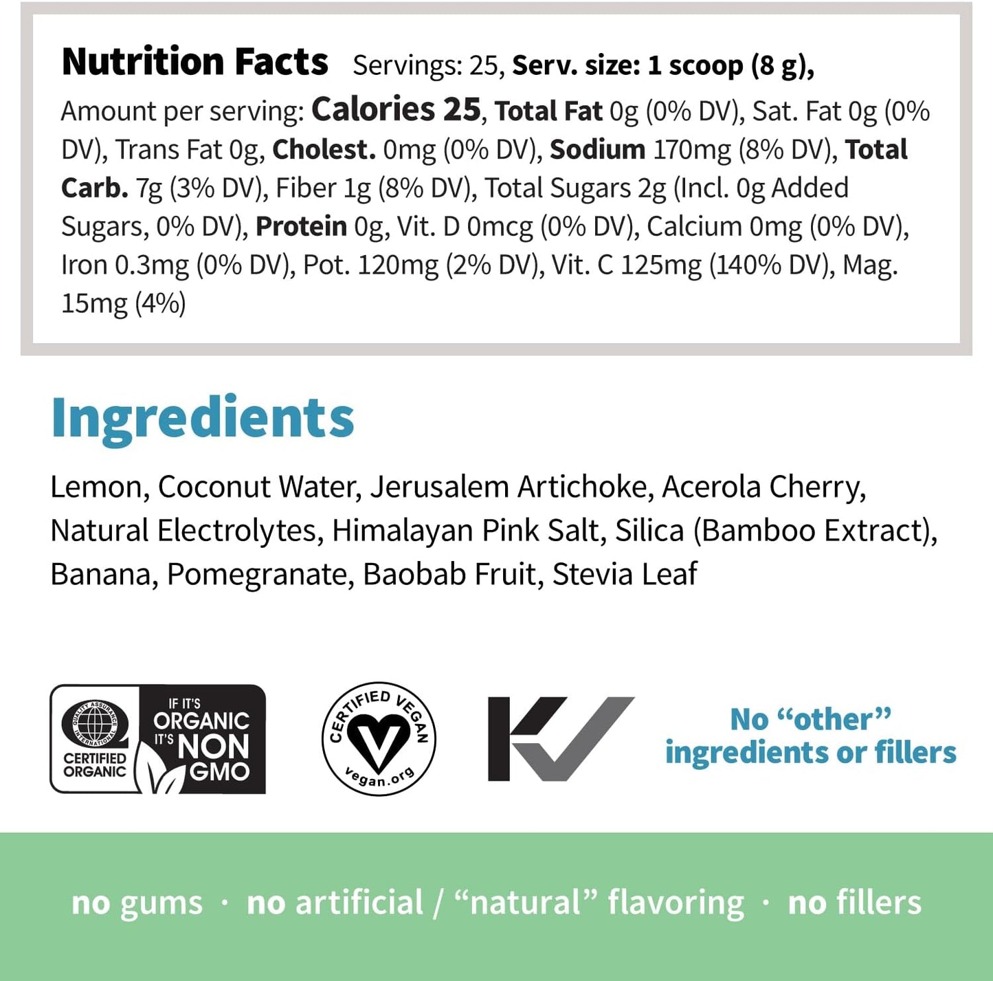 Organic Superfoods + Adaptogens Hydration Powder Drink Mix - Electrolyte Support & Recovery with Himalayan Pink Salt, Coconut Water, Lemon Citrus Flavor - 25 Servings