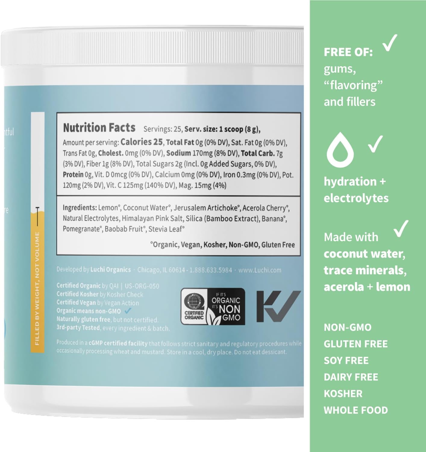 Organic Superfoods + Adaptogens Hydration Powder Drink Mix - Electrolyte Support & Recovery with Himalayan Pink Salt, Coconut Water, Lemon Citrus Flavor - 25 Servings