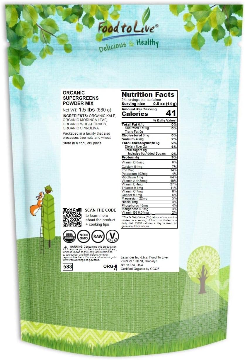 Organic SuperGreens Powder Blend - 1.5lbs of Kale, Moringa, Spirulina, Wheatgrass Powders - Non-GMO, Vegan, Antioxidant-Rich - Ideal for Juices, Smoothies, Baking