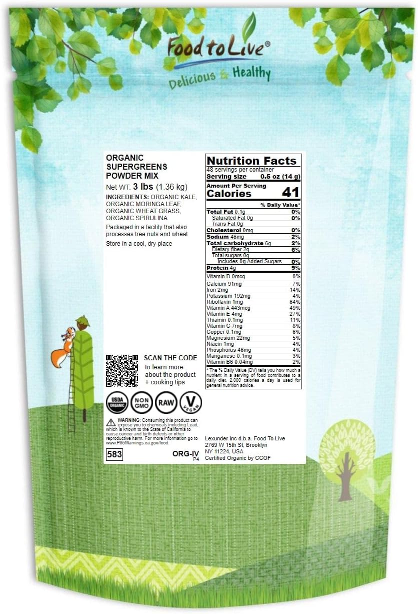 Organic SuperGreens Powder Blend - 3lb Bulk Mix of Kale, Moringa, Spirulina, Wheatgrass. Non-GMO, Vegan, Antioxidant-Rich for Juices, Smoothies, Baking