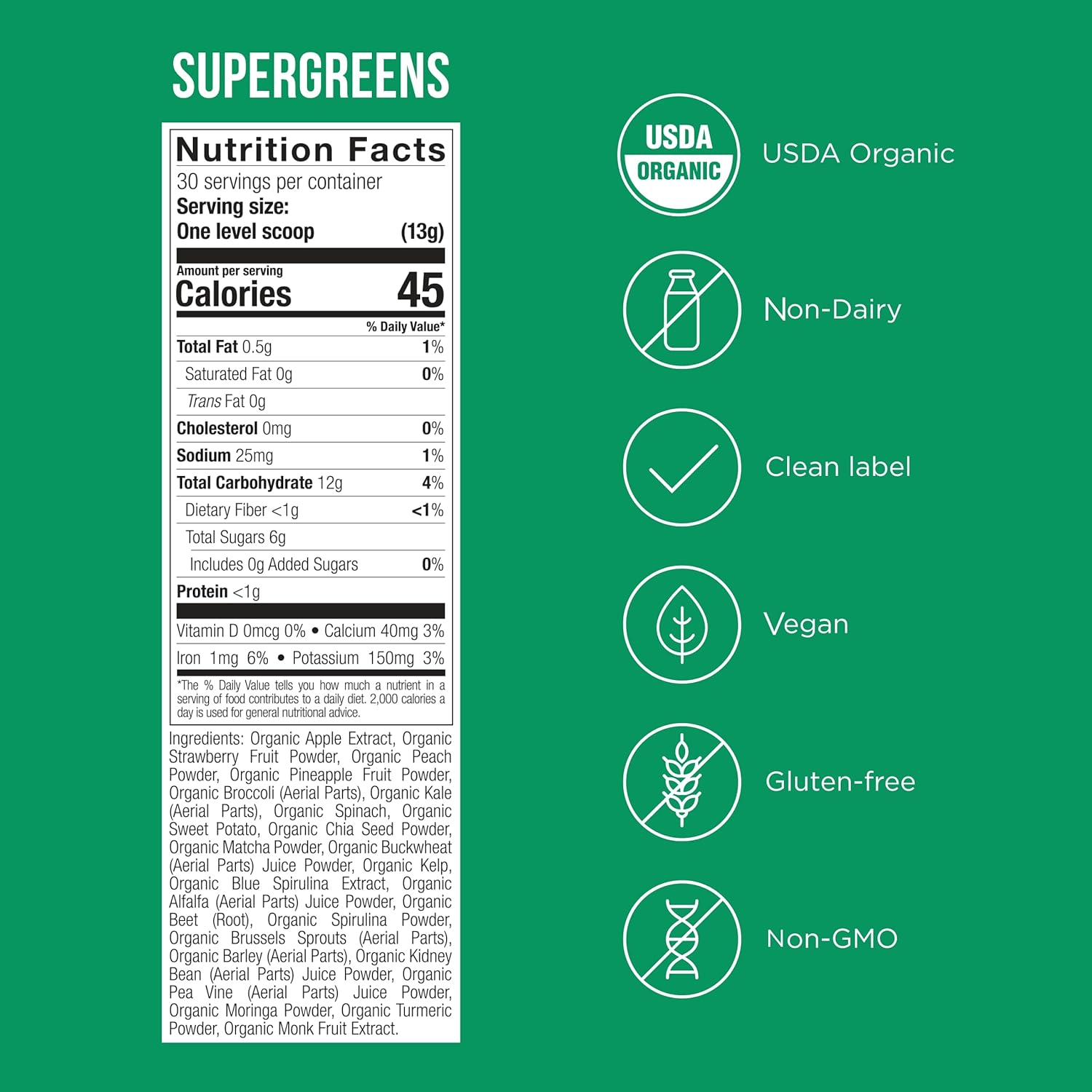 Organic SuperGreens Powder Mix with 23 Whole Food Ingredients - Vegan, Plant-Based, Gluten-Free - Clean Label, 30 Servings