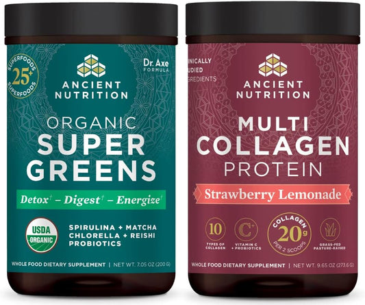Organic Supergreens Powder & Multi Collagen Protein Bundle - Greens & Strawberry Lemonade Flavors, 25 + 24 Servings