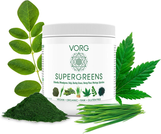 Organic SuperGreens Powder with Chlorella, Barley Grass, Moringa, Spirulina, Wheatgrass - Probiotics & Enzymes for Energy & Gut Health