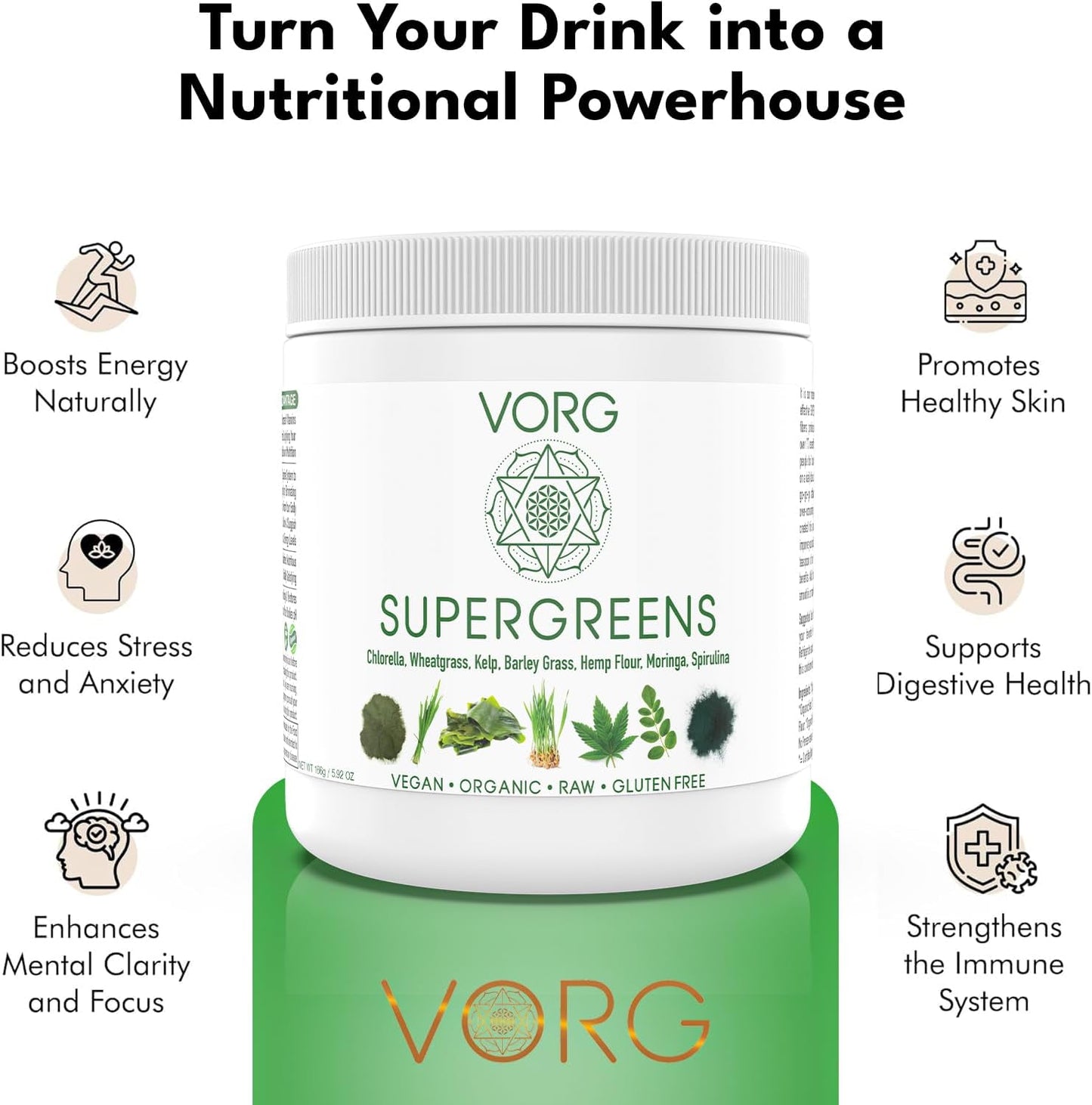 Organic SuperGreens Powder with Chlorella, Barley Grass, Moringa, Spirulina, Wheatgrass - Probiotics & Enzymes for Energy & Gut Health