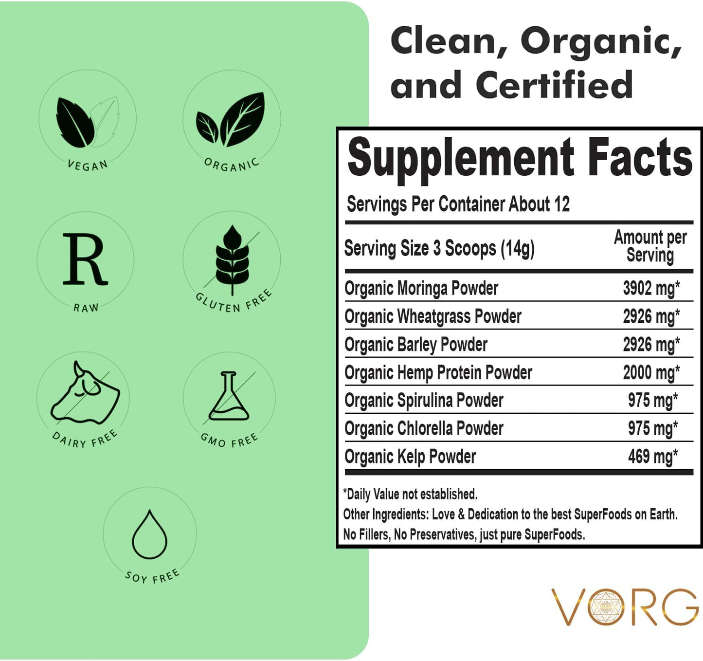 Organic SuperGreens Powder with Chlorella, Barley Grass, Moringa, Spirulina, Wheatgrass - Probiotics & Enzymes for Energy & Gut Health