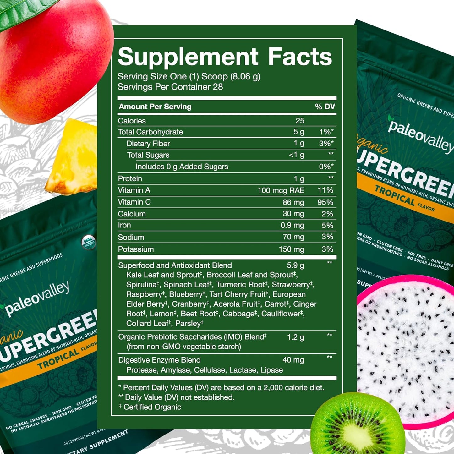 Organic Supergreens Powder with Prebiotic Fiber for Energy and Immunity - 23 Superfoods, No Cereal Grasses - Tropical Flavor, 30 Servings