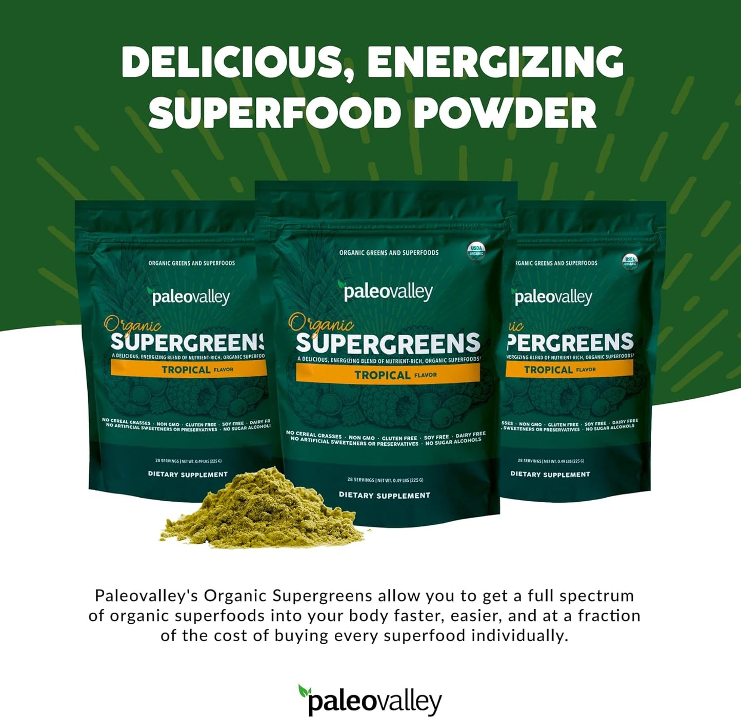 Organic Supergreens Powder with Prebiotic Fiber for Energy and Immunity - 23 Superfoods, No Cereal Grasses - Tropical Flavor, 30 Servings