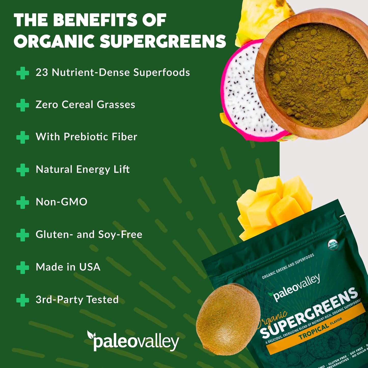 Organic Supergreens Powder with Prebiotic Fiber for Energy and Immunity - 23 Superfoods, No Cereal Grasses - Tropical Flavor, 30 Servings
