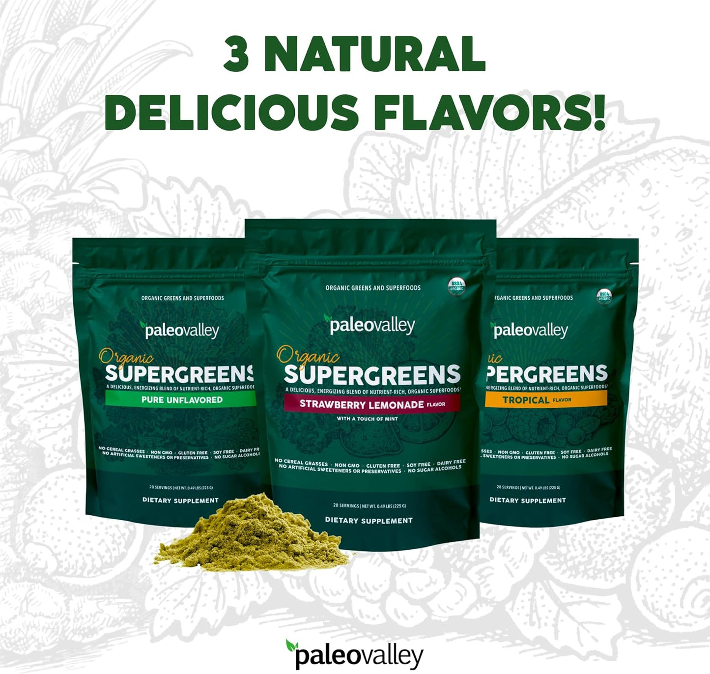 Organic Supergreens Powder with Prebiotic Fiber for Energy and Immunity - 23 Superfoods, No Cereal Grasses - Tropical Flavor, 30 Servings