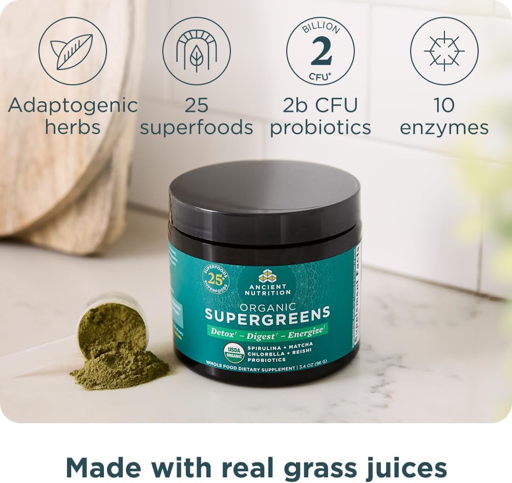 Organic SuperGreens Powder with Probiotics, Real Fruits and Vegetables, Digestive and Energy Support, 12 Servings