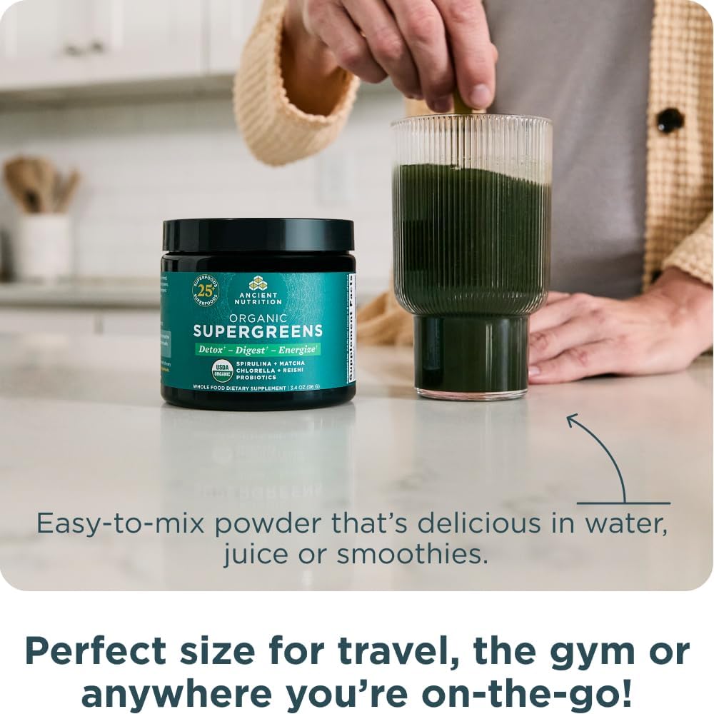 Organic SuperGreens Powder with Probiotics, Real Fruits and Vegetables, Digestive and Energy Support, 12 Servings