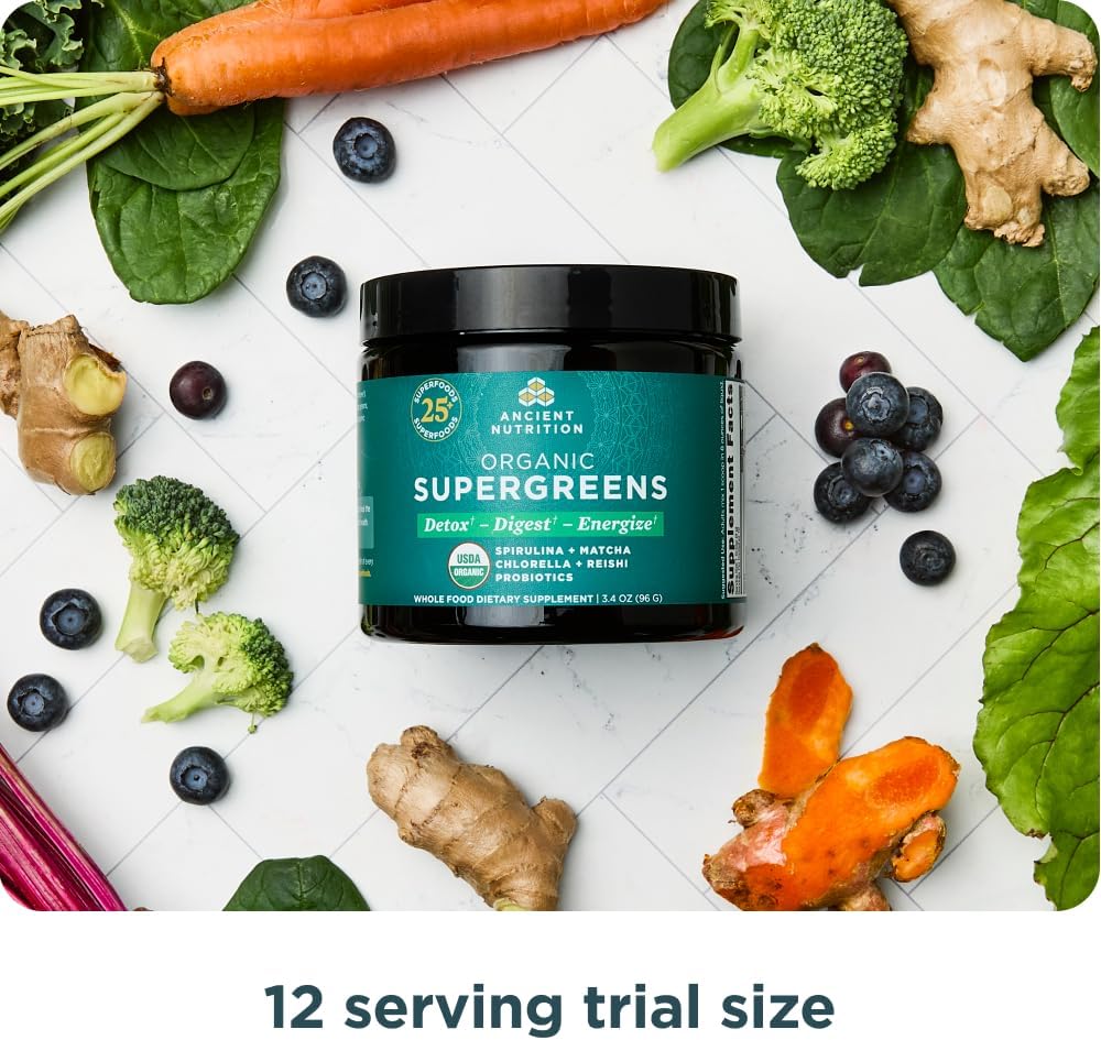 Organic SuperGreens Powder with Probiotics, Real Fruits and Vegetables, Digestive and Energy Support, 12 Servings