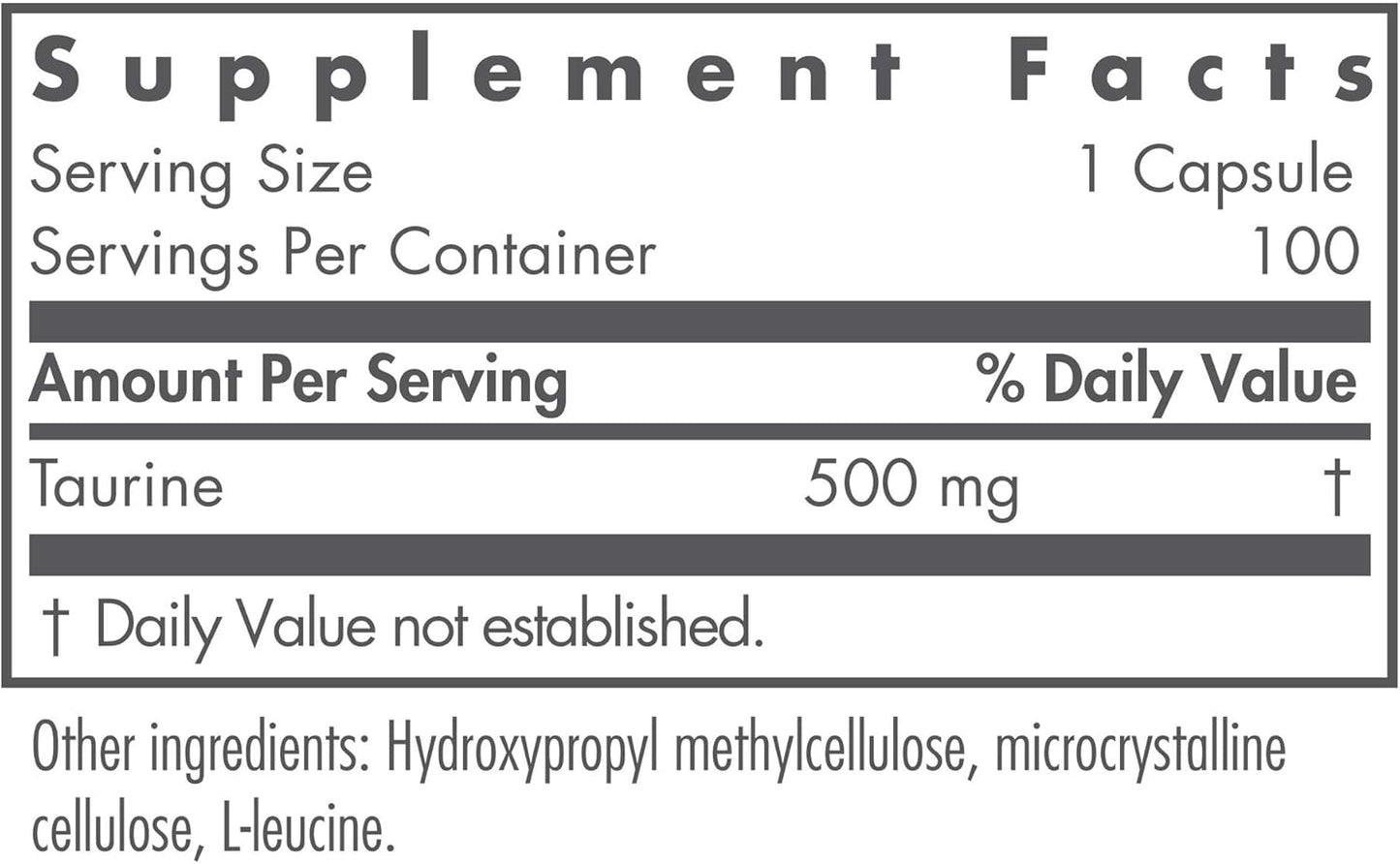 Organic Taurine 500mg Capsules - Cardiovascular Support Supplement, Free Form Amino Acid for Vegetarians - 100 Count