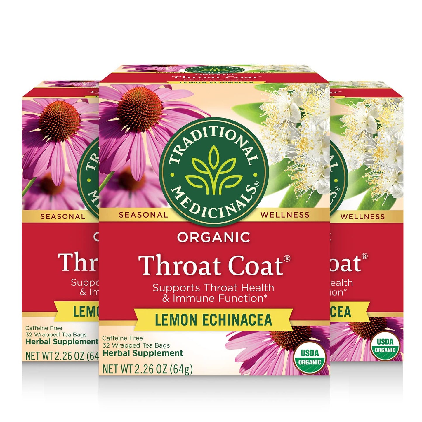 Organic Throat Coat Lemon Echinacea Tea - Supports Throat Health & Immune Function - 96 Tea Bags (3 Pack)