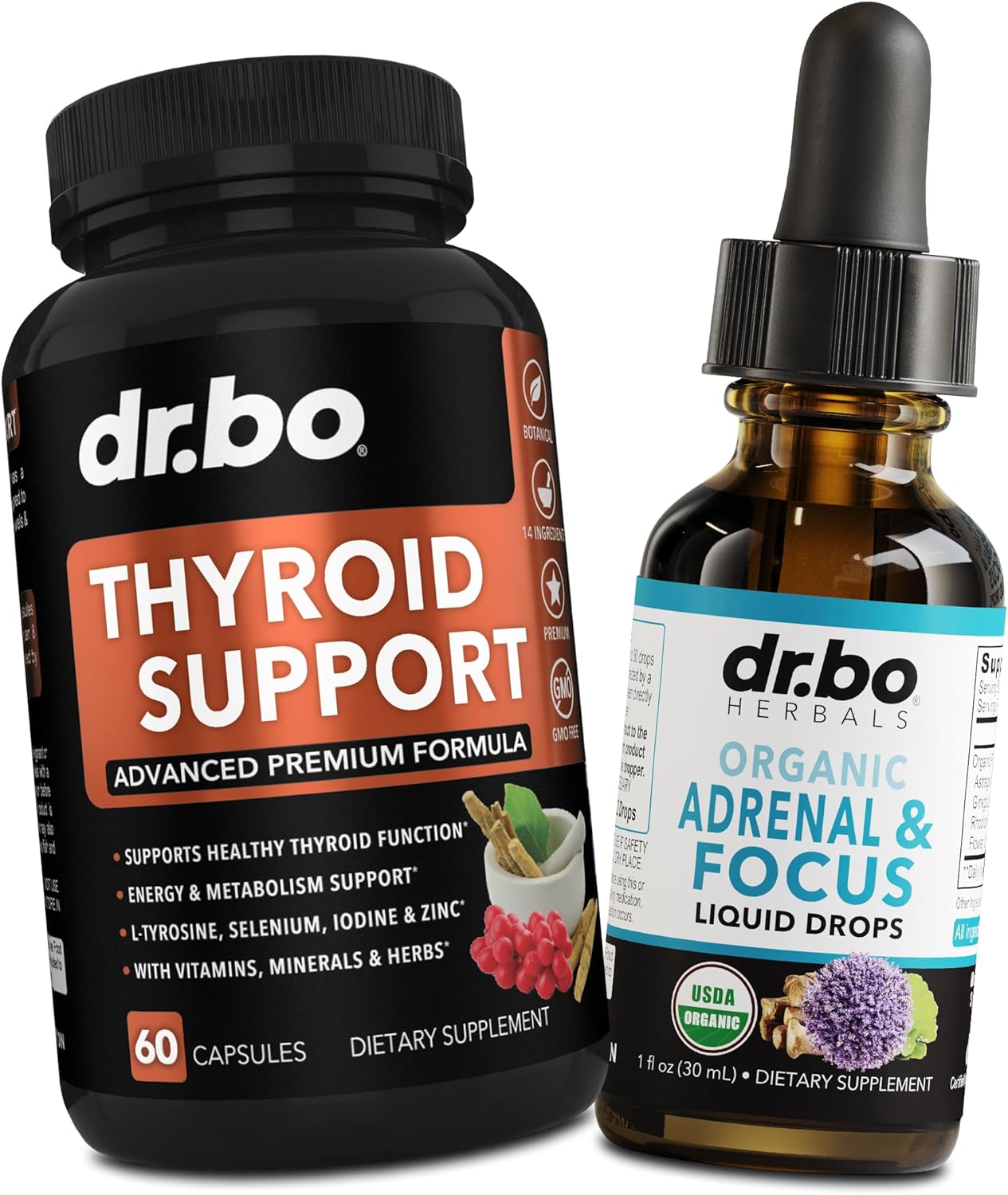 Organic Thyroid and Adrenal Support Drops with L-Tyrosine, Selenium, Iodine - Brain Focus, Memory, and Energy Boost Liquid Supplement