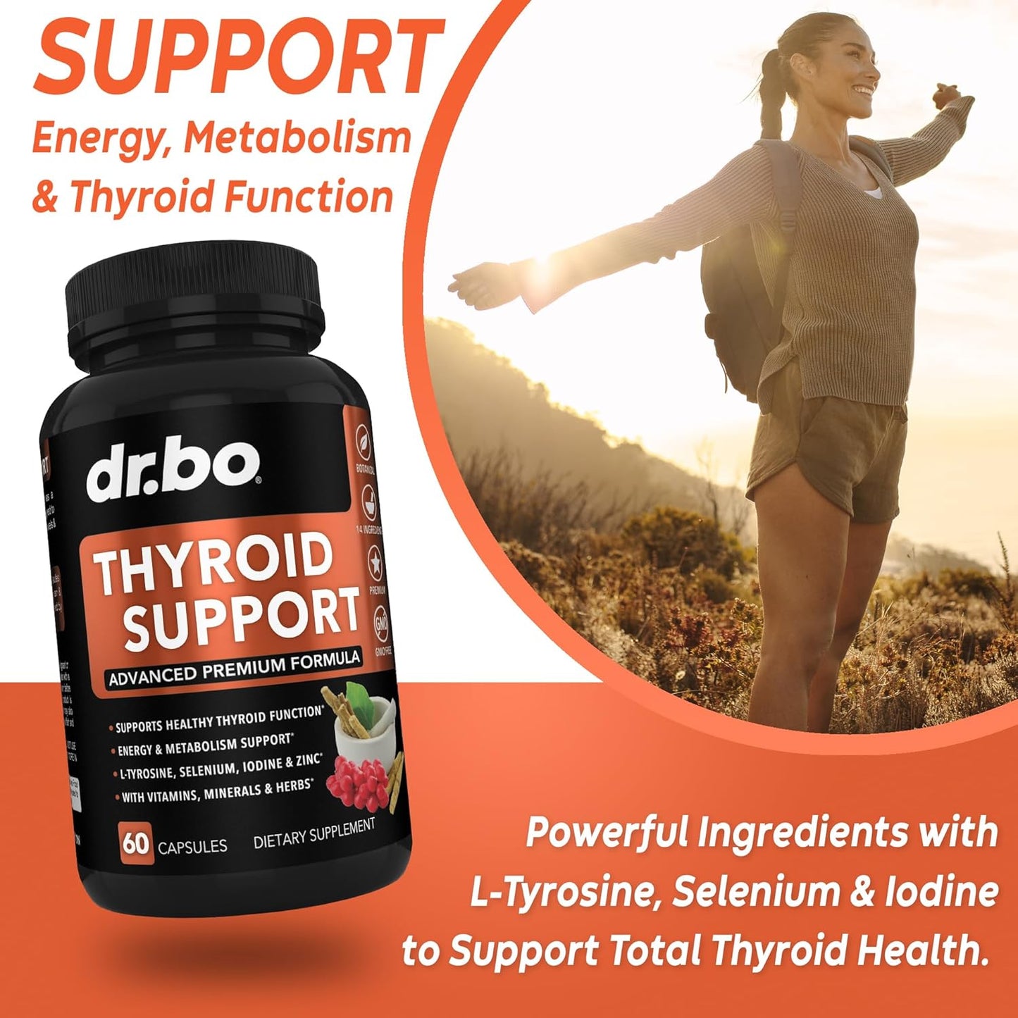 Organic Thyroid and Adrenal Support Drops with L-Tyrosine, Selenium, Iodine - Brain Focus, Memory, and Energy Boost Liquid Supplement