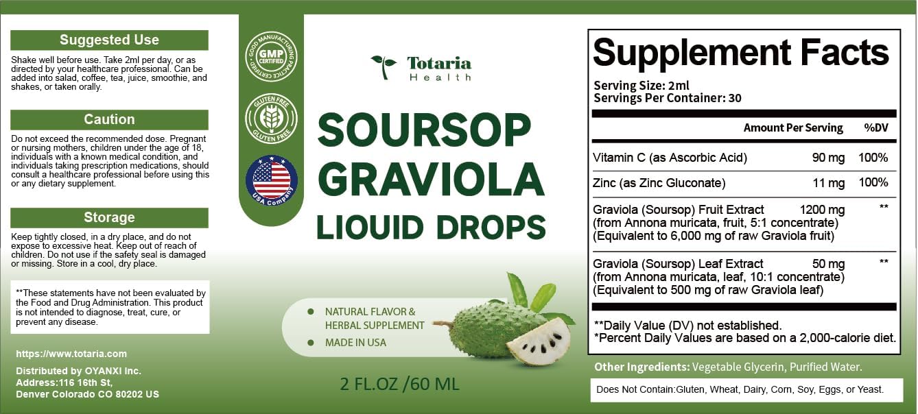 Organic Totaria Soursop Bitters Liquid Drops (2 Packs) for Digestive Health, Immunity, and Antioxidant Support - Non-GMO Vegan Formula with Guanabana Oil Leaf Extract