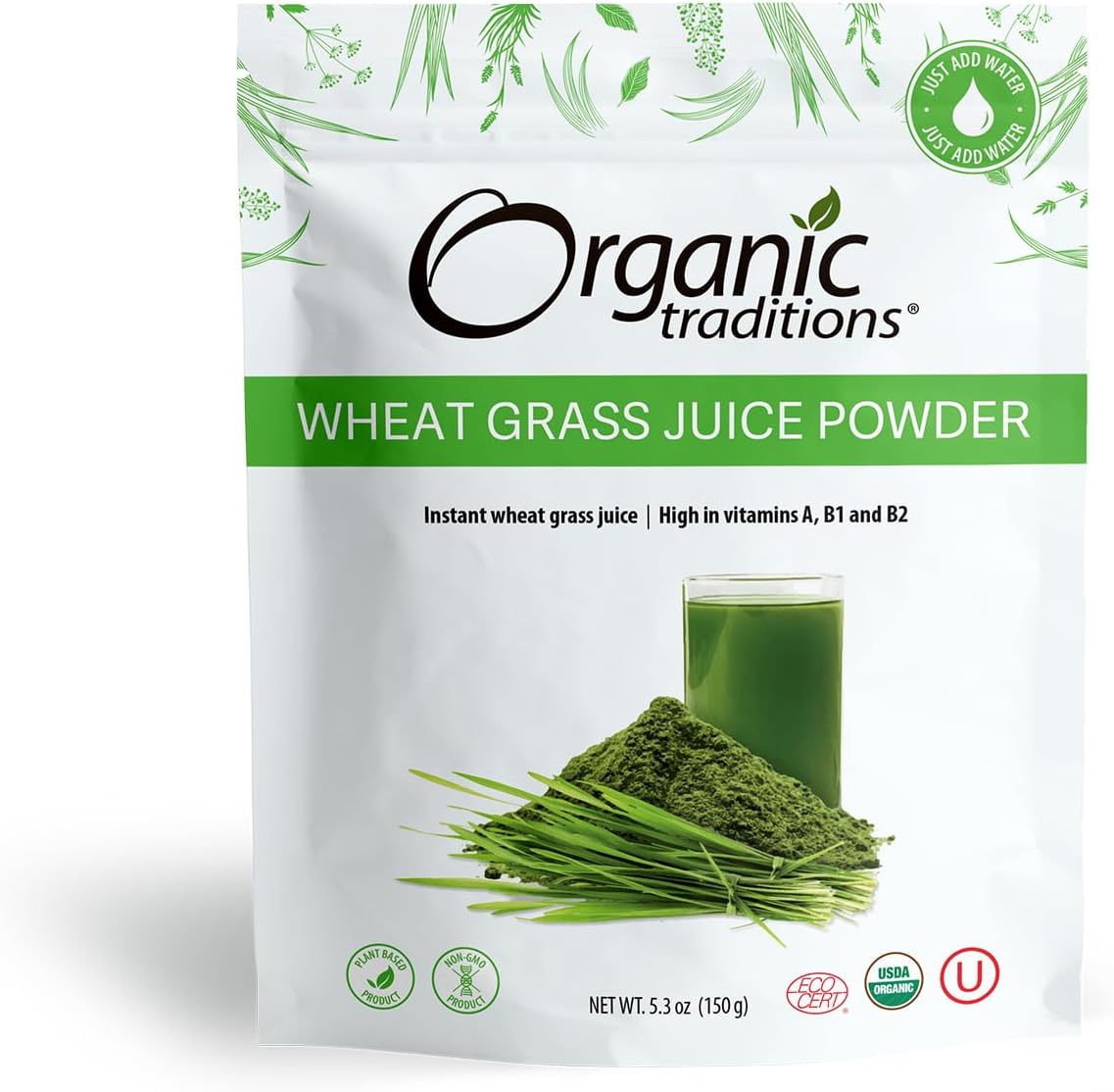 Organic Traditions Gluten-Free Vegan Wheatgrass Powder Superfood, 5.3oz Bag