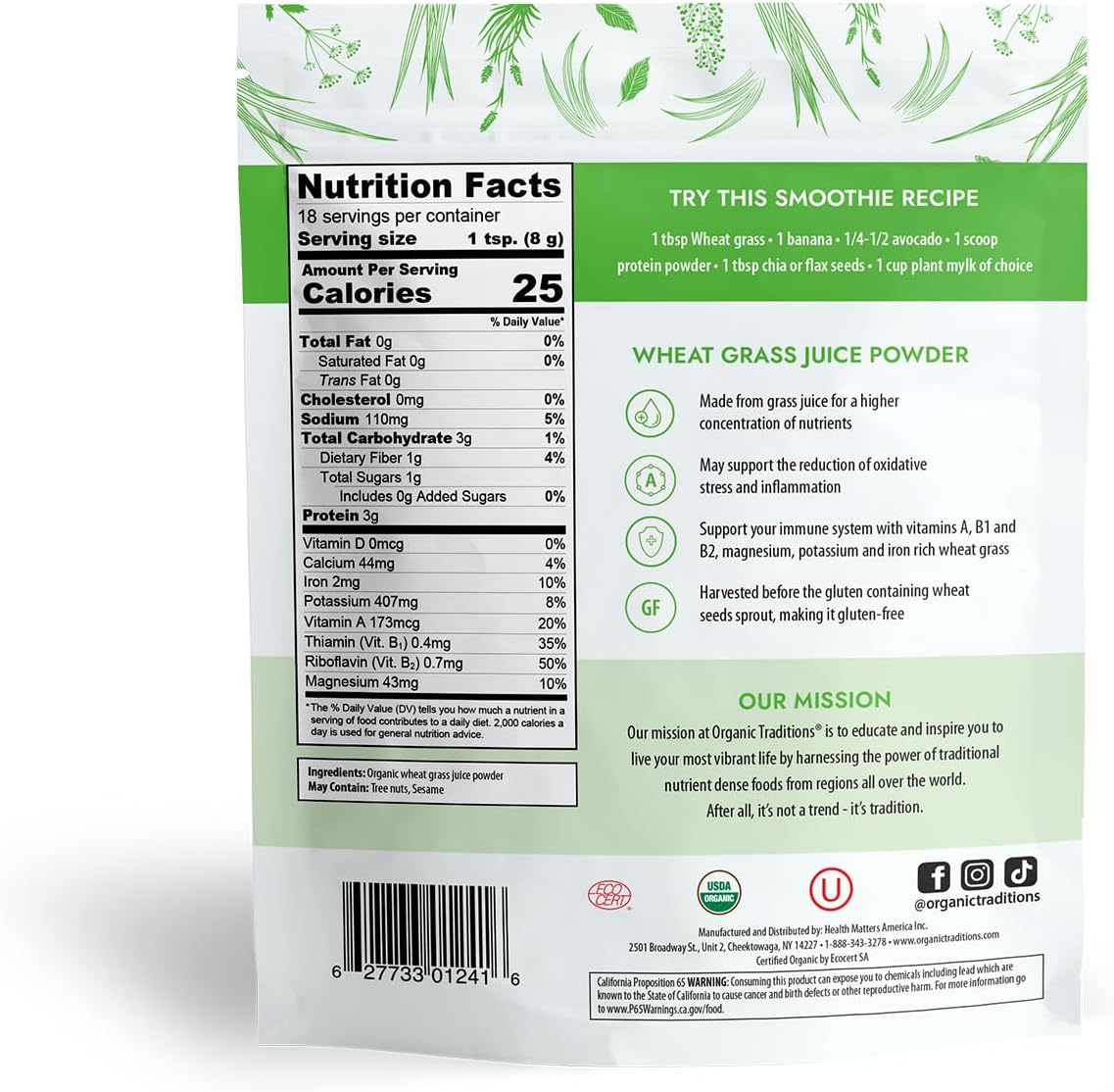 Organic Traditions Gluten-Free Vegan Wheatgrass Powder Superfood, 5.3oz Bag