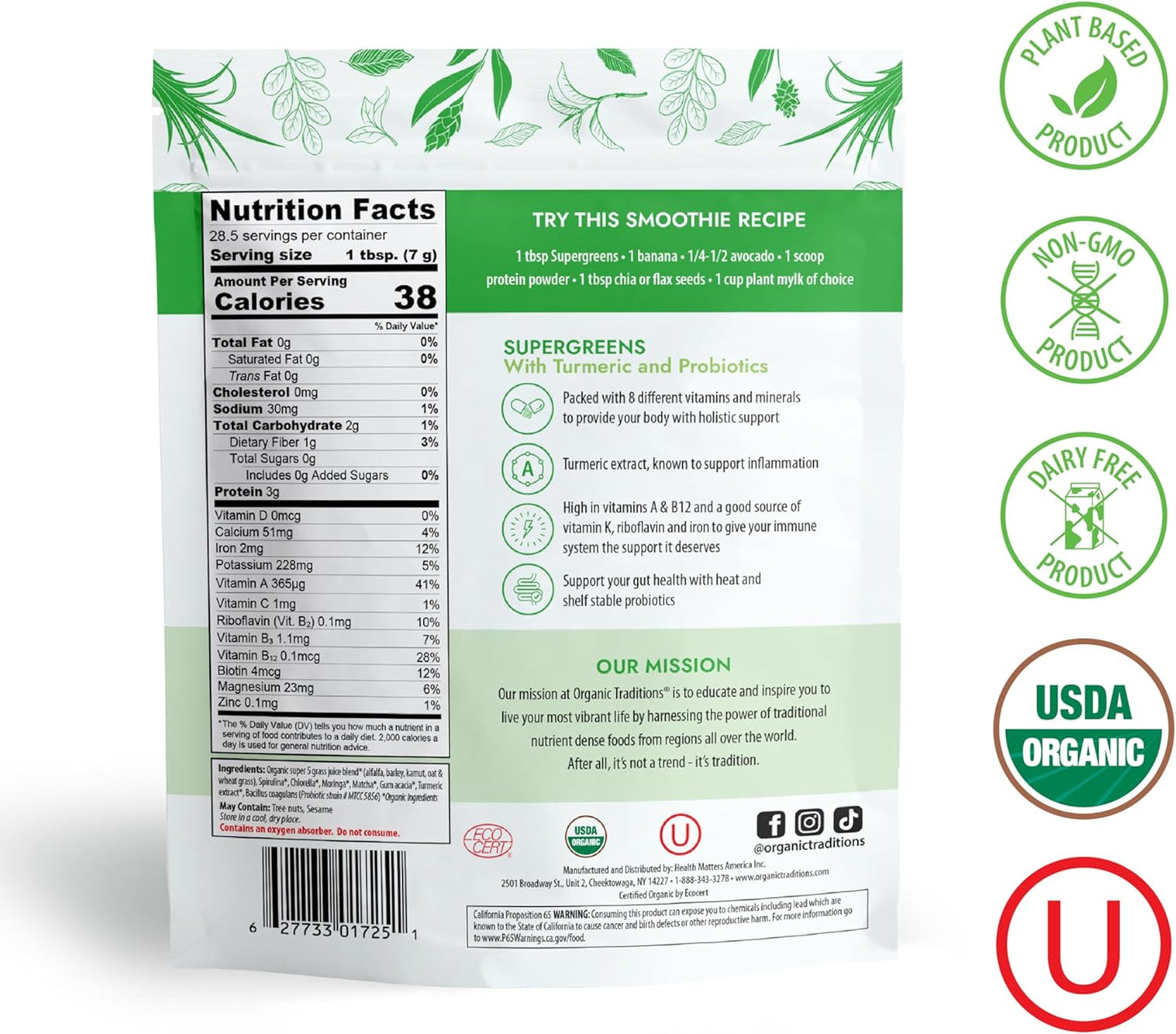 Organic Traditions Super Greens Powder with Turmeric - 200g Bag