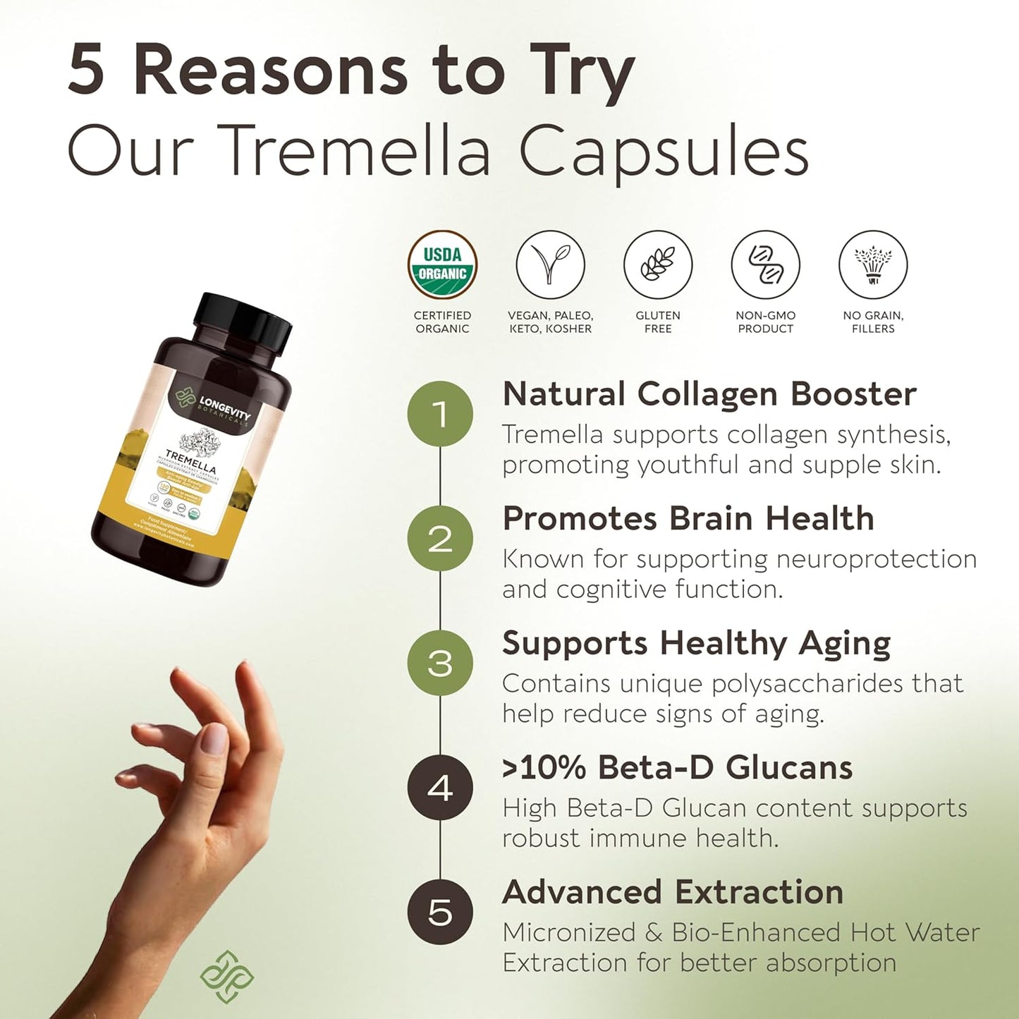 Organic Tremella Mushroom Capsules - Hydrated Skin & Memory Enhancement - 100% Fruiting Body - 120 Capsules