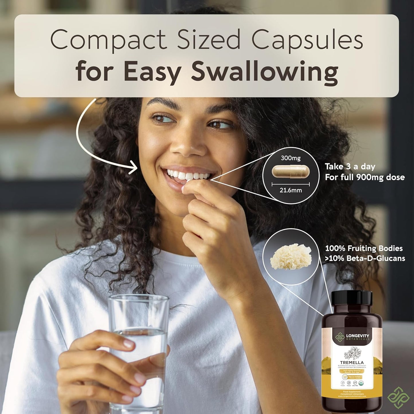 Organic Tremella Mushroom Capsules - Hydrated Skin & Memory Enhancement - 100% Fruiting Body - 120 Capsules