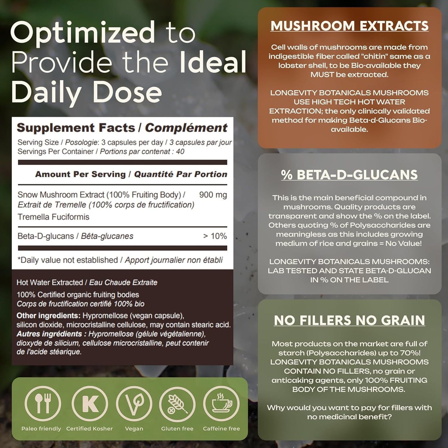 Organic Tremella Mushroom Capsules - Hydrated Skin & Memory Enhancement - 100% Fruiting Body - 120 Capsules
