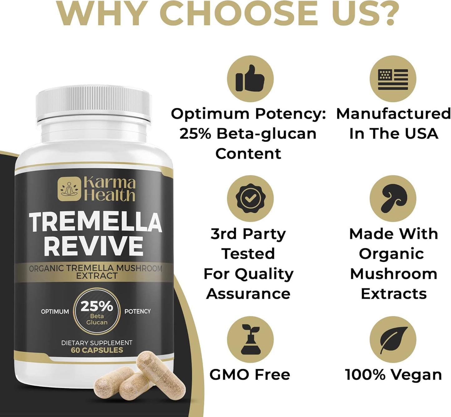 Organic Tremella Mushroom Capsules with 25% Beta Glucan - Vegan & GMO Free Supplement for Health and Wellness - BoostGo Australia