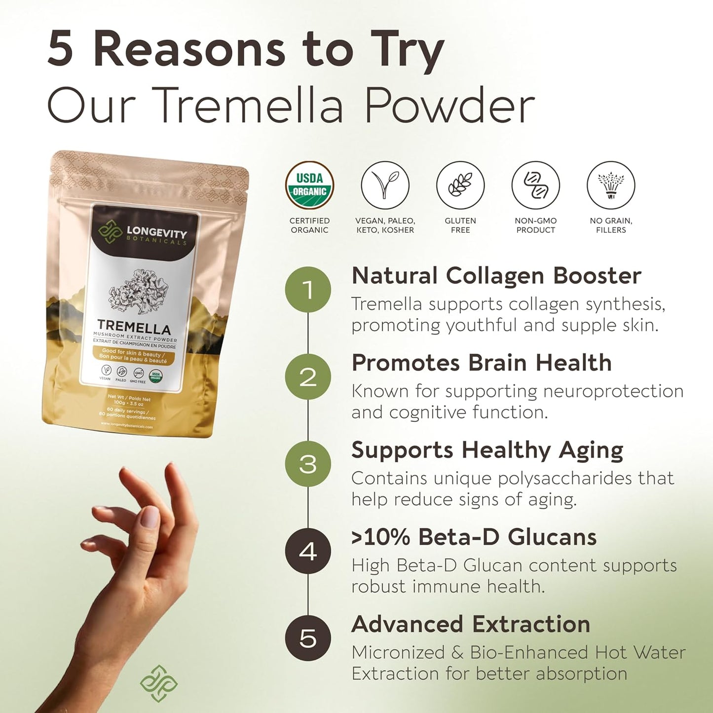 Organic Tremella Mushroom Powder for Healthy Skin & Memory - Ultra Concentrated Supplement - 100% Fruiting Body - 100g
