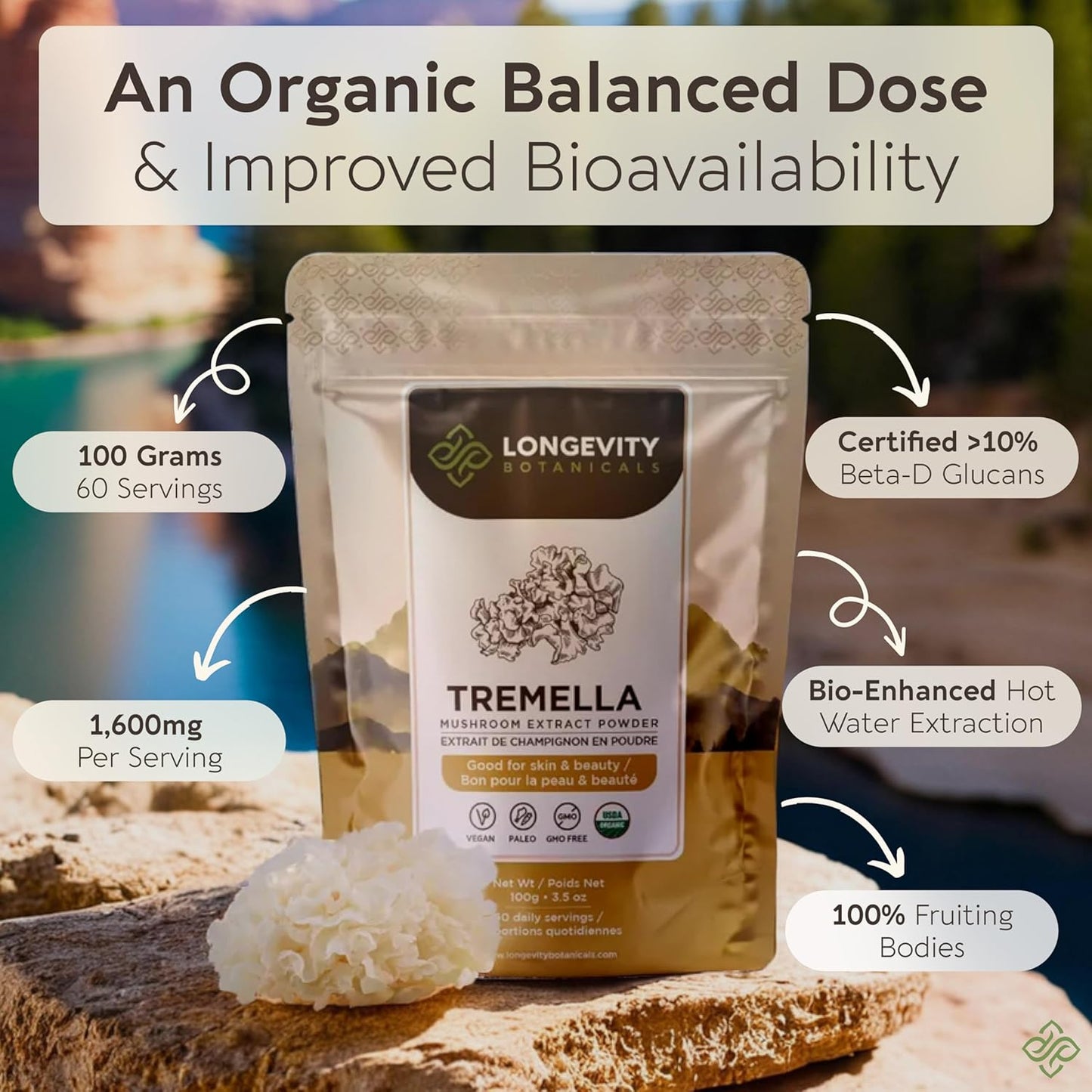 Organic Tremella Mushroom Powder for Healthy Skin & Memory - Ultra Concentrated Supplement - 100% Fruiting Body - 100g