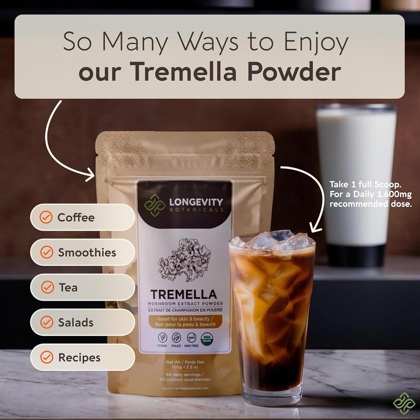 Organic Tremella Mushroom Powder for Healthy Skin & Memory - Ultra Concentrated Supplement - 100% Fruiting Body - 100g