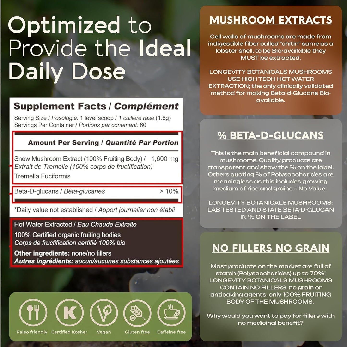 Organic Tremella Mushroom Powder for Healthy Skin & Memory - Ultra Concentrated Supplement - 100% Fruiting Body - 100g