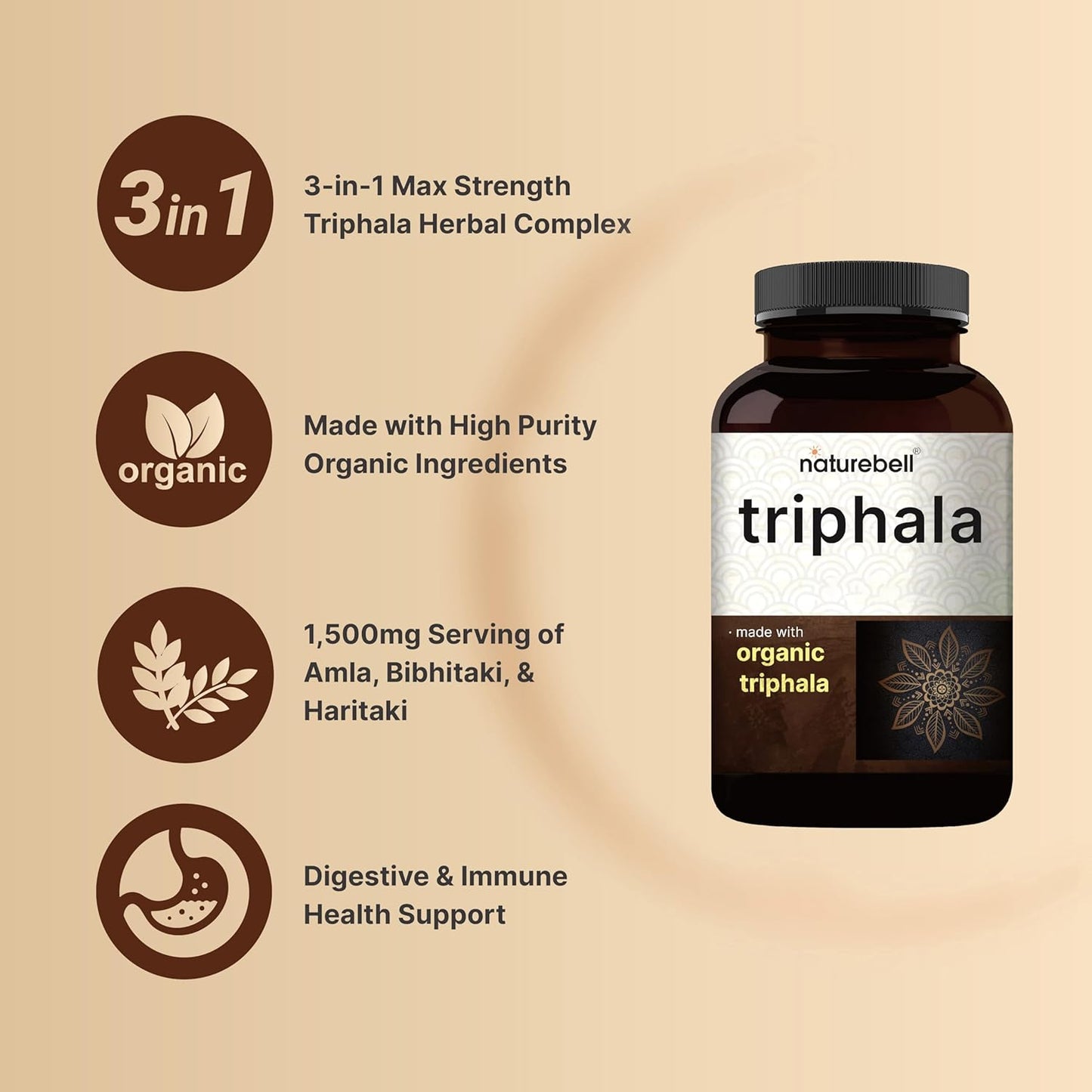 Organic Triphala Capsules 1,500mg - Digestive Health Support - Double Strength - Non-GMO - Made from Amla, Bibhitaki, Haritaki Fruit Powder by NatureBell