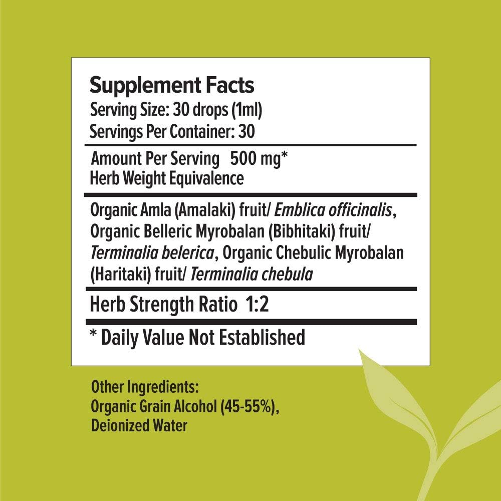 Organic Triphala Liquid Herbal Extract for Daily Detox and Rejuvenation - 1oz Bottle - Non-GMO and Vegan-Friendly