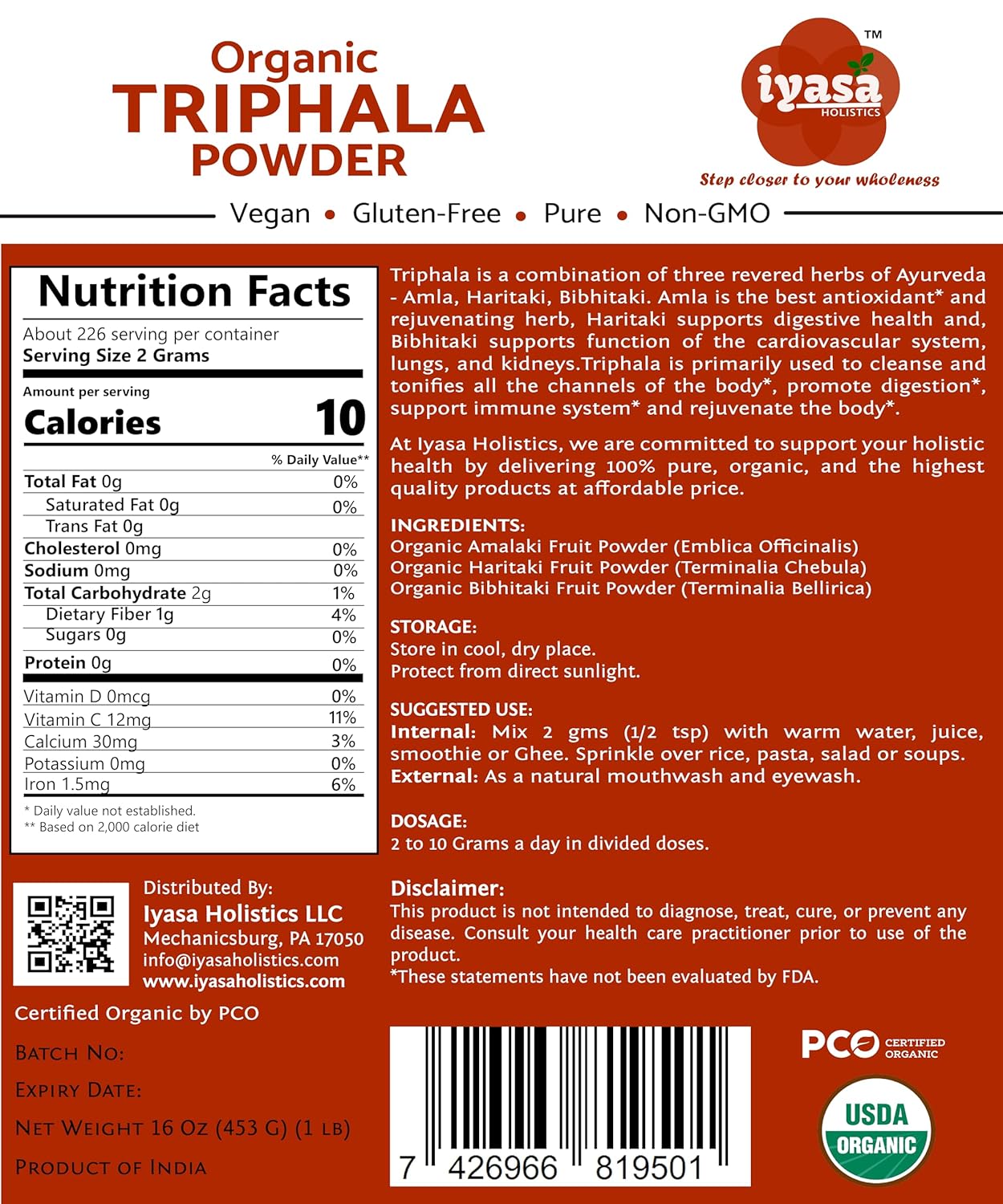 Organic Triphala Powder 16 oz - Ayurvedic Superfood for Natural Body Detox and Bowel Cleansing