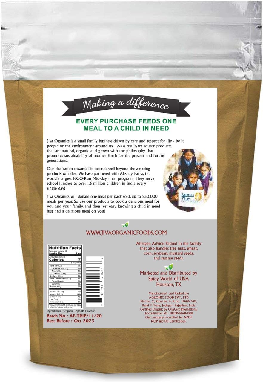 Organic Triphala Powder 7 oz Bag - Ground Amla, Bhibitaki, Haritaki Fruits Blend, 100% Natural, Non-GMO by Jiva Organics