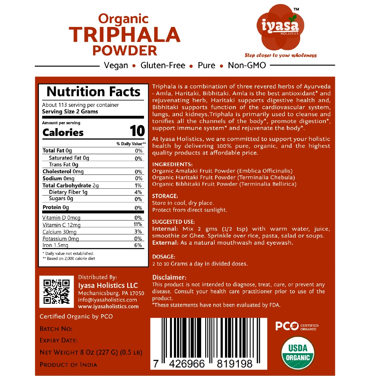 Organic Triphala Powder: Ayurvedic Superfood for Natural Body Detox and Bowel Cleansing - 8 Ounce
