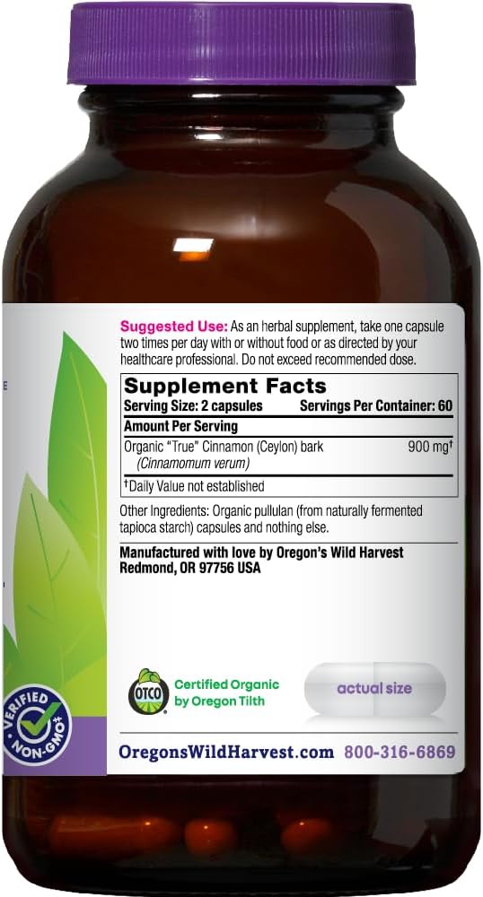 Organic True Ceylon Cinnamon Capsules - Vegan - 120 Count - Oregon's Wild Harvest
