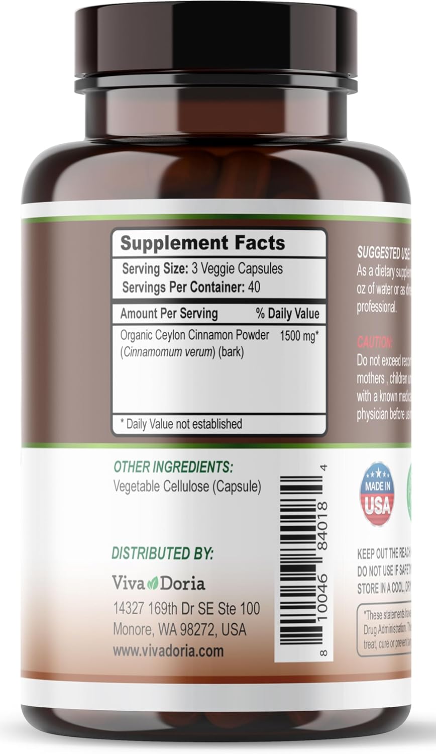 Organic True Ceylon Cinnamon Capsules, 1500mg Per Serving, 120 Veggie Capsules, Gelatin Free