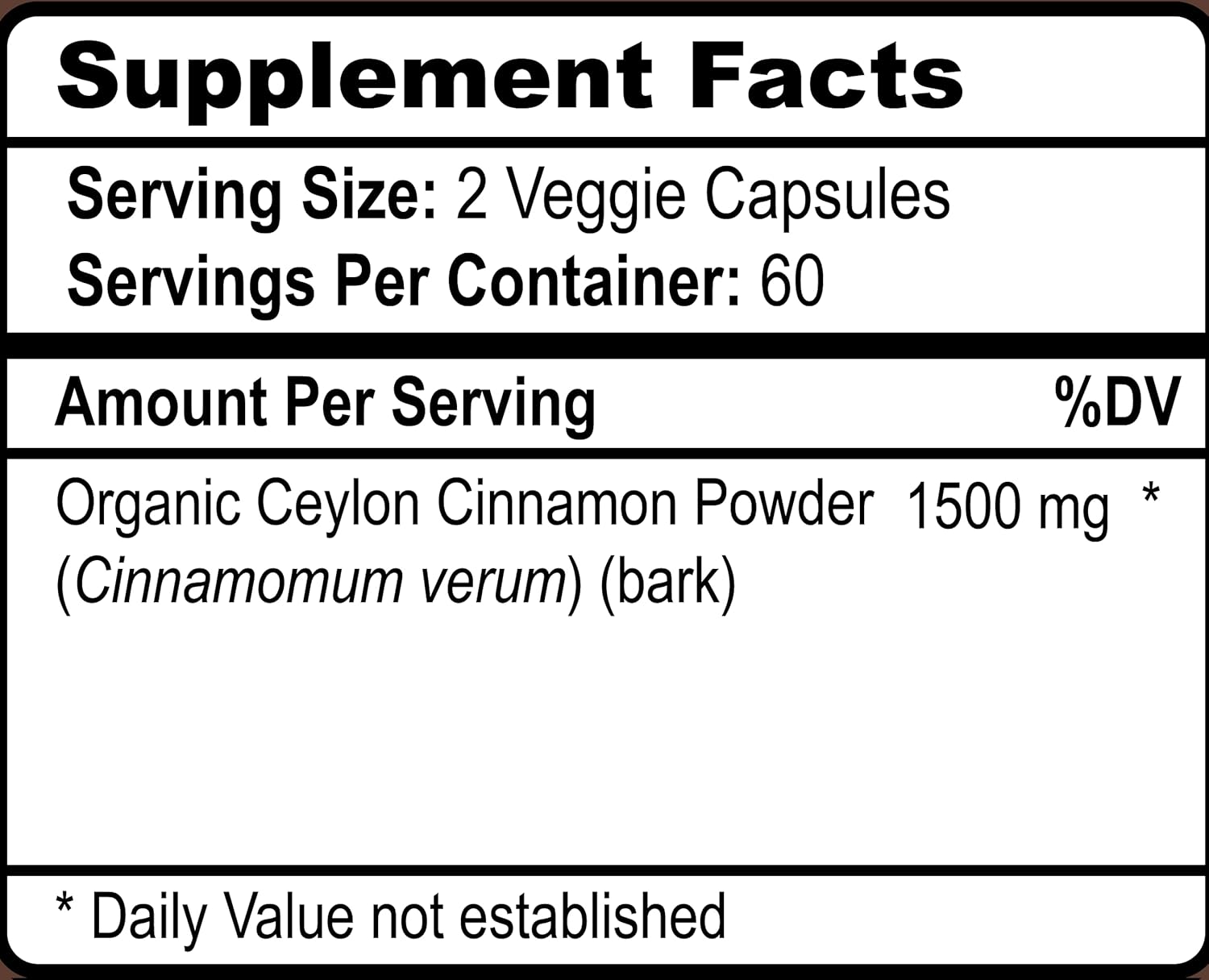 Organic True Ceylon Cinnamon Capsules, 1500mg Per Serving, 120 Veggie Capsules, Gelatin Free