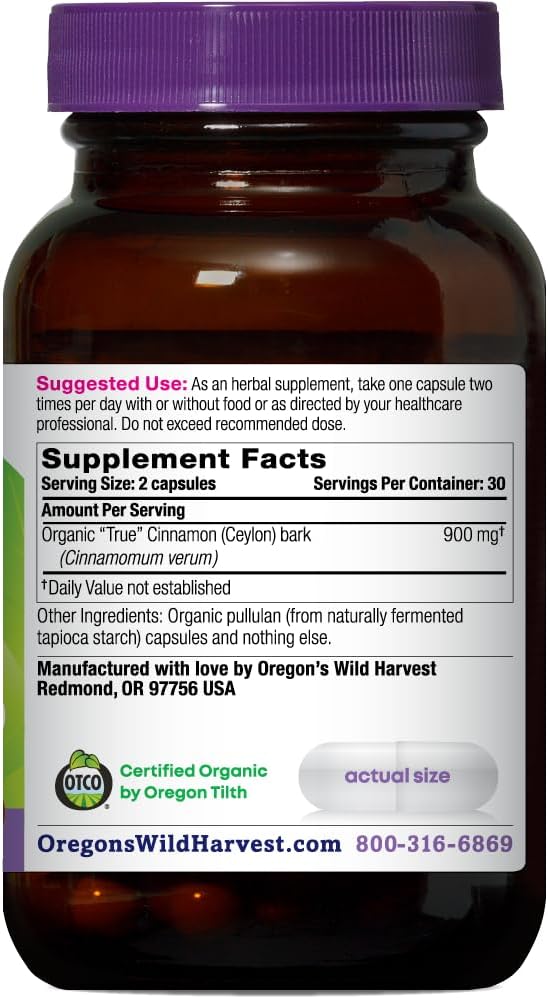 Organic True Cinnamon Ceylon Capsules - Oregon's Wild Harvest - 60 Count Vegan Formula