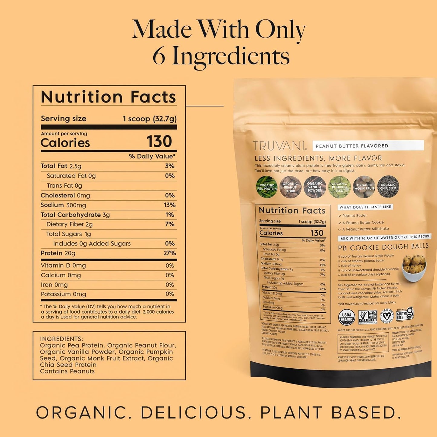 Organic Truvani Vegan Peanut Butter Pea Protein Powder Travel Packets - 20g Plant Based Protein, Keto Friendly, Gluten & Dairy Free - BoostGo Australia