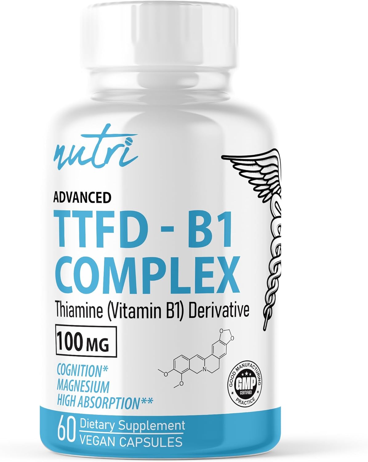 Organic TTFD Thiamine B1 Supplement - 100mg 60 Servings with 8mg Magnesium - No Fillers - Third Party Tested
