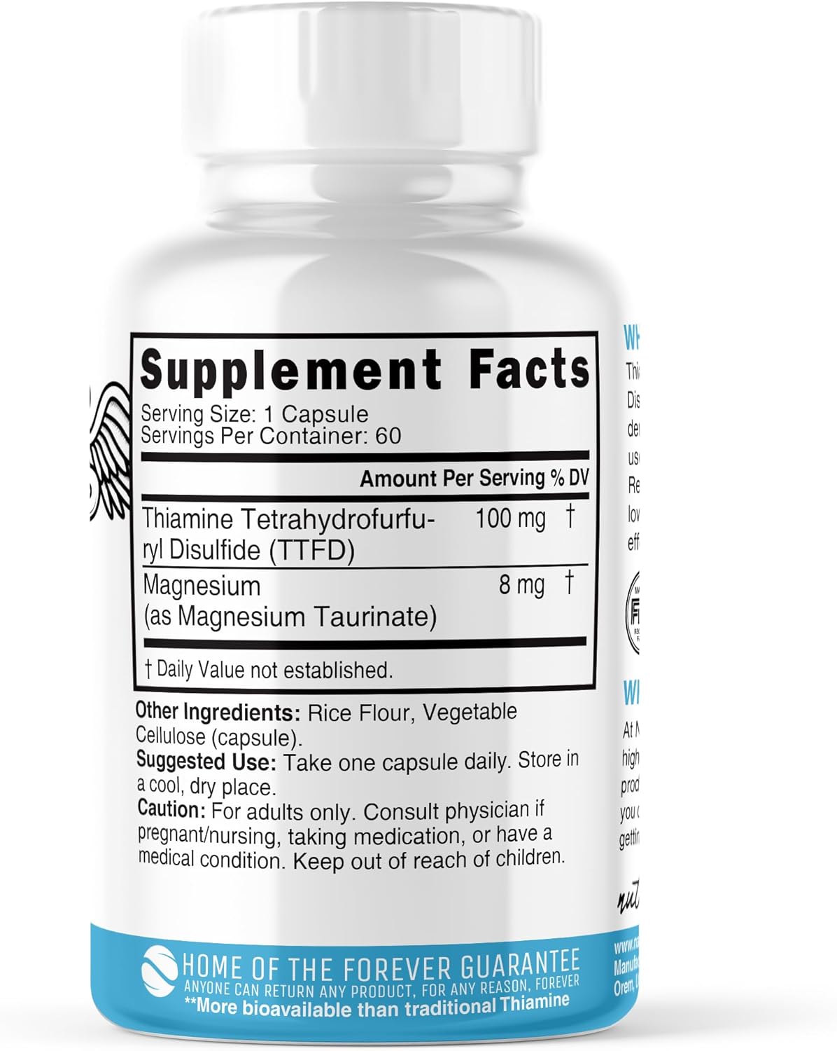 Organic TTFD Thiamine B1 Supplement - 100mg 60 Servings with 8mg Magnesium - No Fillers - Third Party Tested