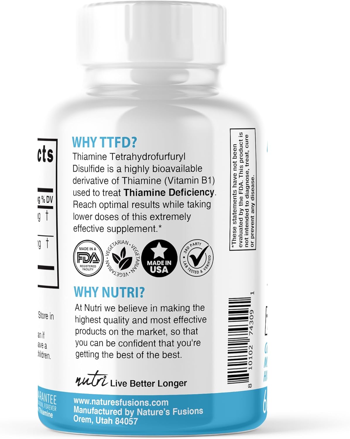 Organic TTFD Thiamine B1 Supplement - 100mg 60 Servings with 8mg Magnesium - No Fillers - Third Party Tested