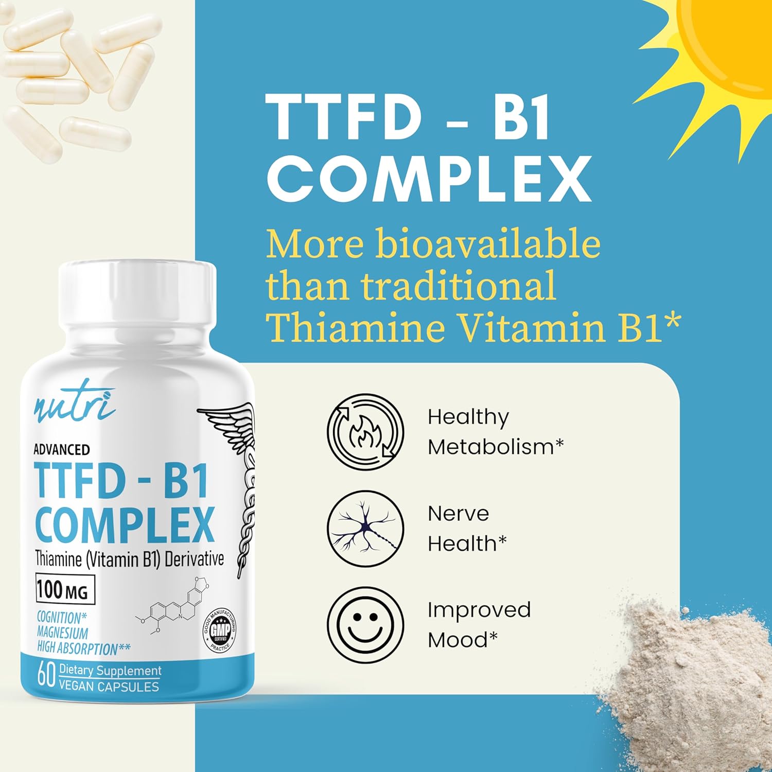 Organic TTFD Thiamine B1 Supplement - 100mg 60 Servings with 8mg Magnesium - No Fillers - Third Party Tested
